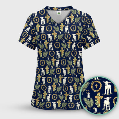 Faith Lamb Cross Pattern Scrub Top, Comfortable Scrubs for Nurses