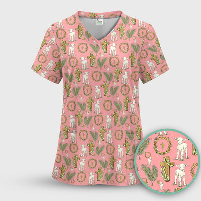 Faith Lamb Cross Pattern Scrub Top, Comfortable Scrubs for Nurses