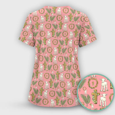 Faith Lamb Cross Pattern Scrub Top, Comfortable Scrubs for Nurses