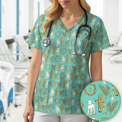 Faith Lamb Cross Pattern Scrub Top, Comfortable Scrubs for Nurses