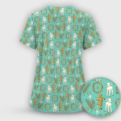 Faith Lamb Cross Pattern Scrub Top, Comfortable Scrubs for Nurses