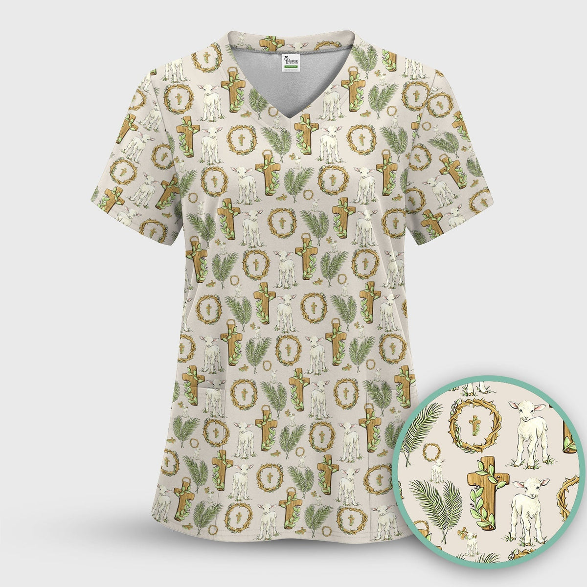 Faith Lamb Cross Pattern Scrub Top, Comfortable Scrubs for Nurses