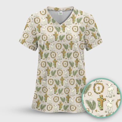 Faith Lamb Cross Pattern Scrub Top, Comfortable Scrubs for Nurses
