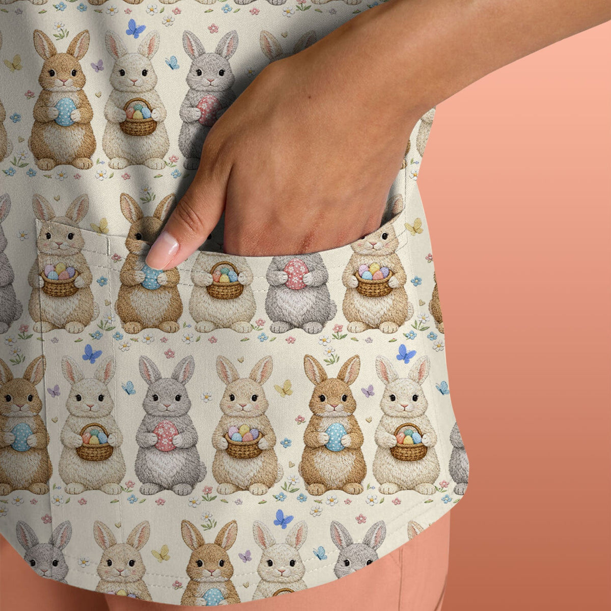 Easter Bunny Basket Pastel Print Scrubs Nurses, Breathable Fabrics Nursing Uniform