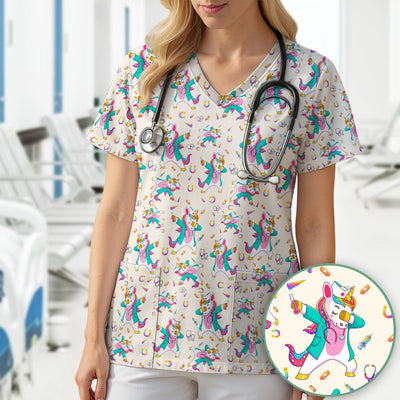 Cute Unicorn Nurse Dance Pattern Scrub Top, Breathable Fabrics Nursing Uniform