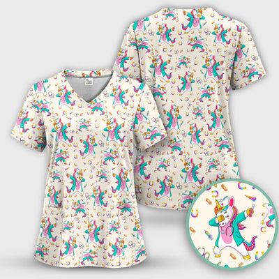 Cute Unicorn Nurse Dance Pattern Scrub Top, Breathable Fabrics Nursing Uniform