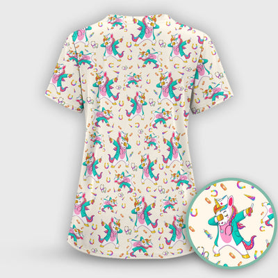 Cute Unicorn Nurse Dance Pattern Scrub Top, Breathable Fabrics Nursing Uniform