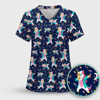 Cute Unicorn Nurse Dance Pattern Scrub Top, Breathable Fabrics Nursing Uniform