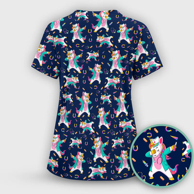 Cute Unicorn Nurse Dance Pattern Scrub Top, Breathable Fabrics Nursing Uniform