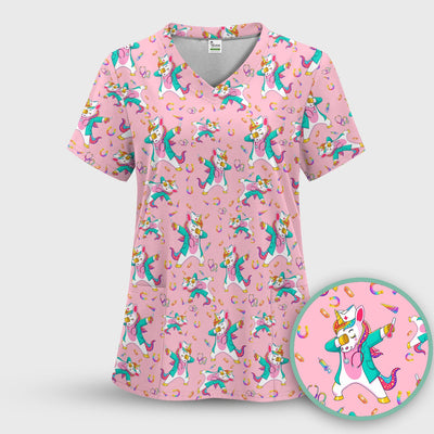 Cute Unicorn Nurse Dance Pattern Scrub Top, Breathable Fabrics Nursing Uniform