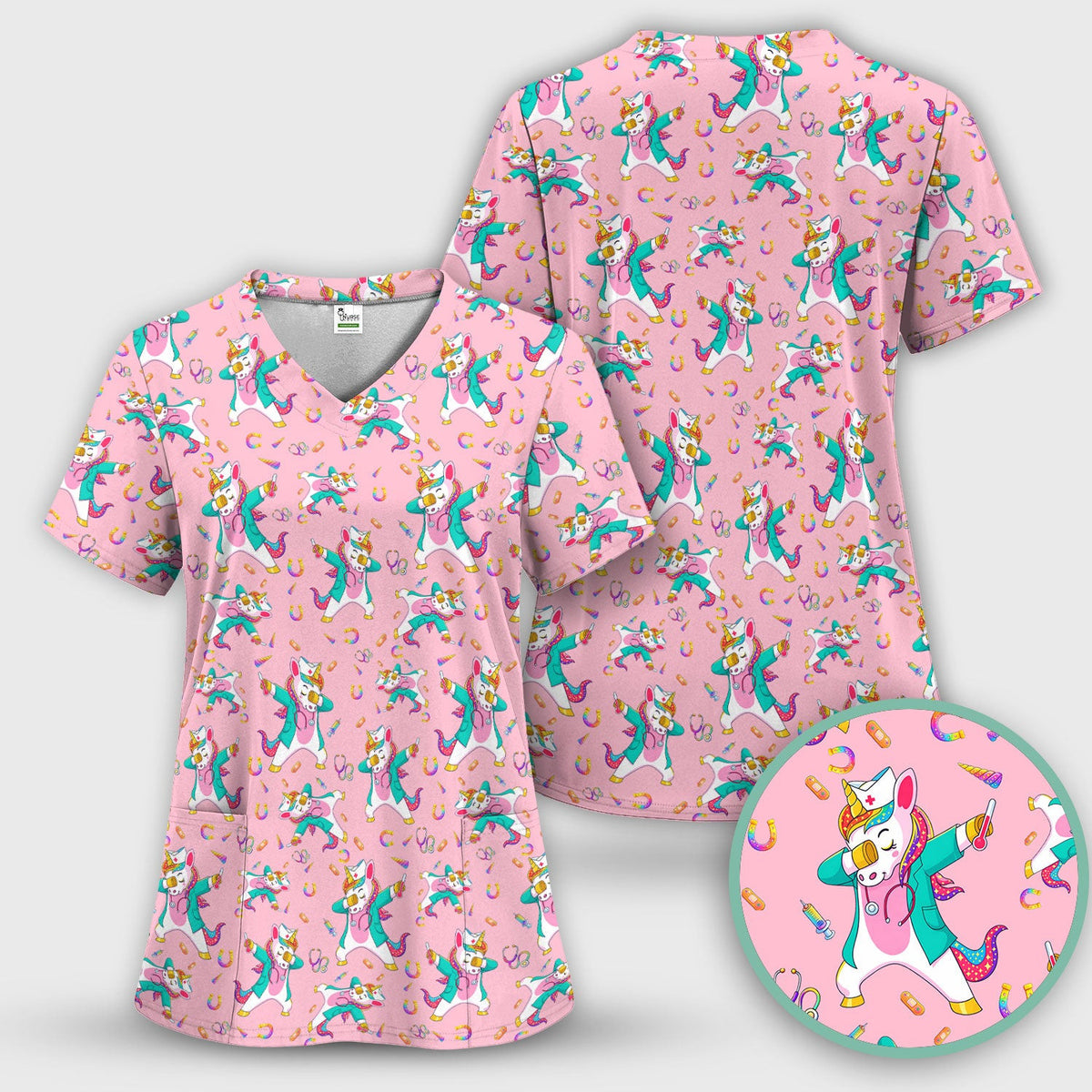 Cute Unicorn Nurse Dance Pattern Scrub Top, Breathable Fabrics Nursing Uniform