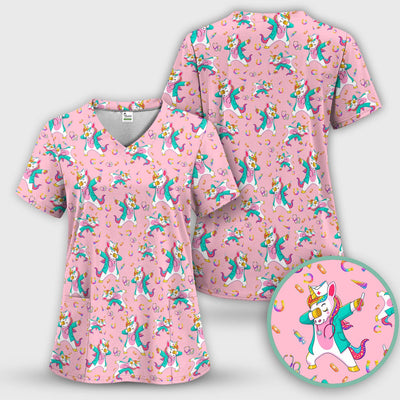 Cute Unicorn Nurse Dance Pattern Scrub Top, Breathable Fabrics Nursing Uniform