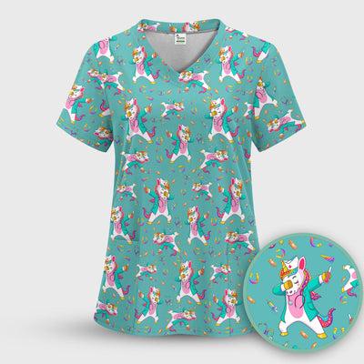 Cute Unicorn Nurse Dance Pattern Scrub Top, Breathable Fabrics Nursing Uniform