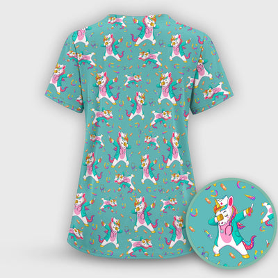Cute Unicorn Nurse Dance Pattern Scrub Top, Breathable Fabrics Nursing Uniform
