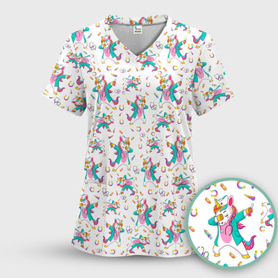 Cute Unicorn Nurse Dance Pattern Scrub Top, Breathable Fabrics Nursing Uniform
