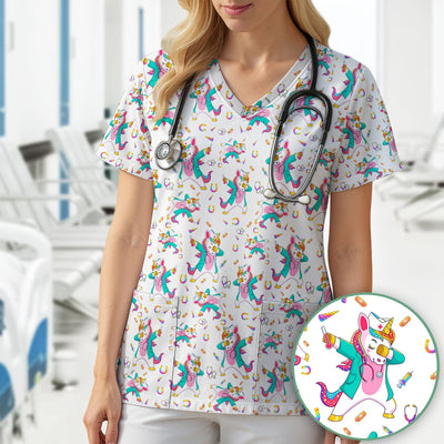 Cute Unicorn Nurse Dance Pattern Scrub Top, Breathable Fabrics Nursing Uniform