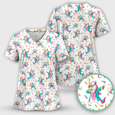 Cute Unicorn Nurse Dance Pattern Scrub Top, Breathable Fabrics Nursing Uniform