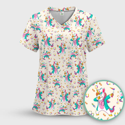 Cute Unicorn Nurse Dance Pattern Scrub Top, Breathable Fabrics Nursing Uniform