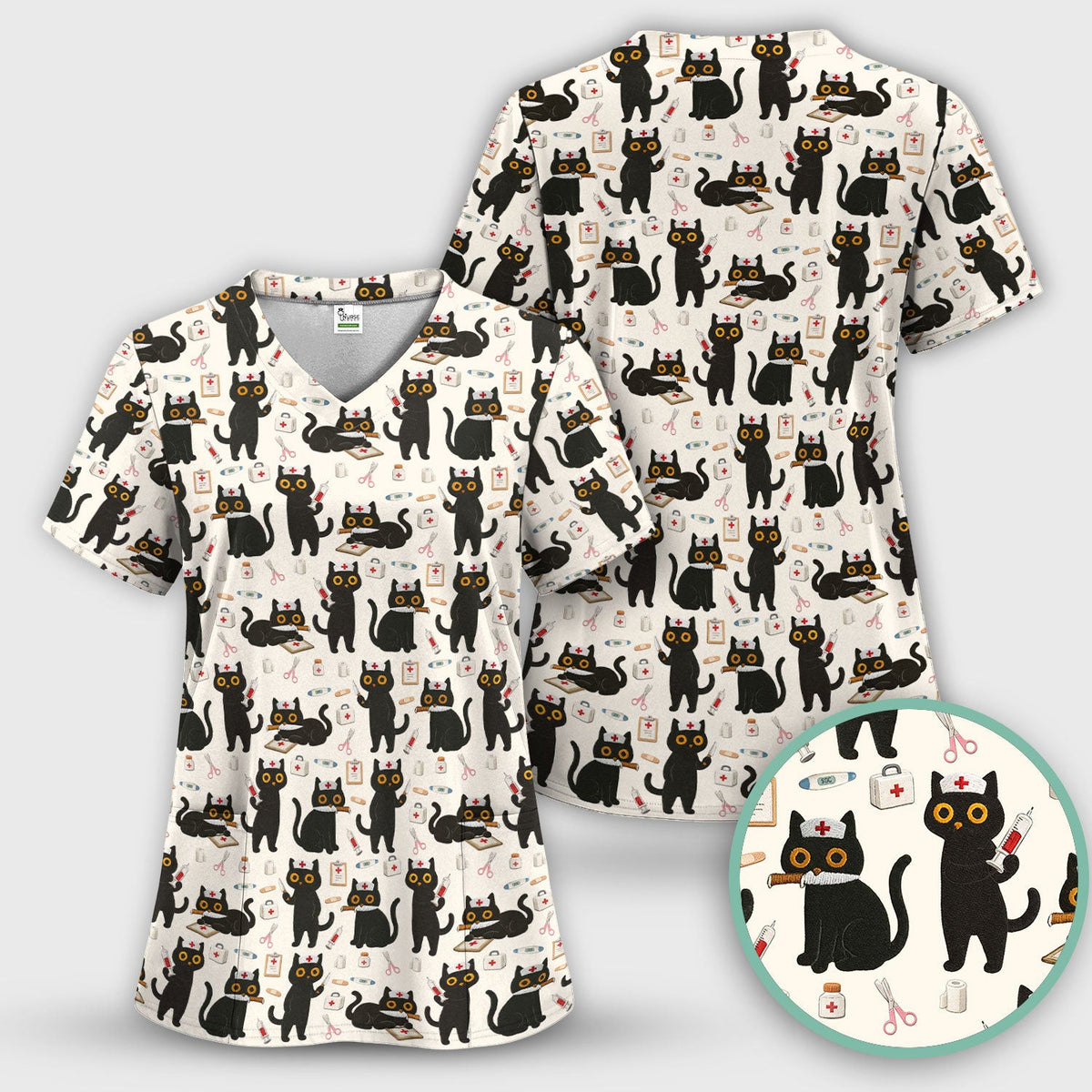 Cute Black Cat Nurse Pattern Scrub Top, Comfortable Scrubs for Nurses