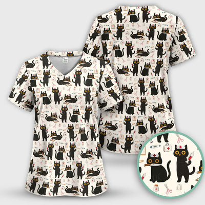 Cute Black Cat Nurse Pattern Scrub Top, Comfortable Scrubs for Nurses