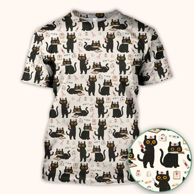 Cute Black Cat Nurse Pattern Scrub Top, Comfortable Scrubs for Nurses