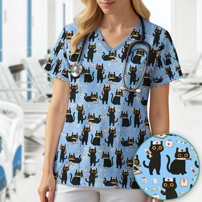 Cute Black Cat Nurse Pattern Scrub Top, Comfortable Scrubs for Nurses