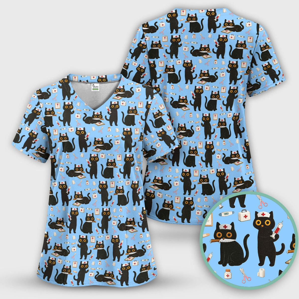 Cute Black Cat Nurse Pattern Scrub Top, Comfortable Scrubs for Nurses