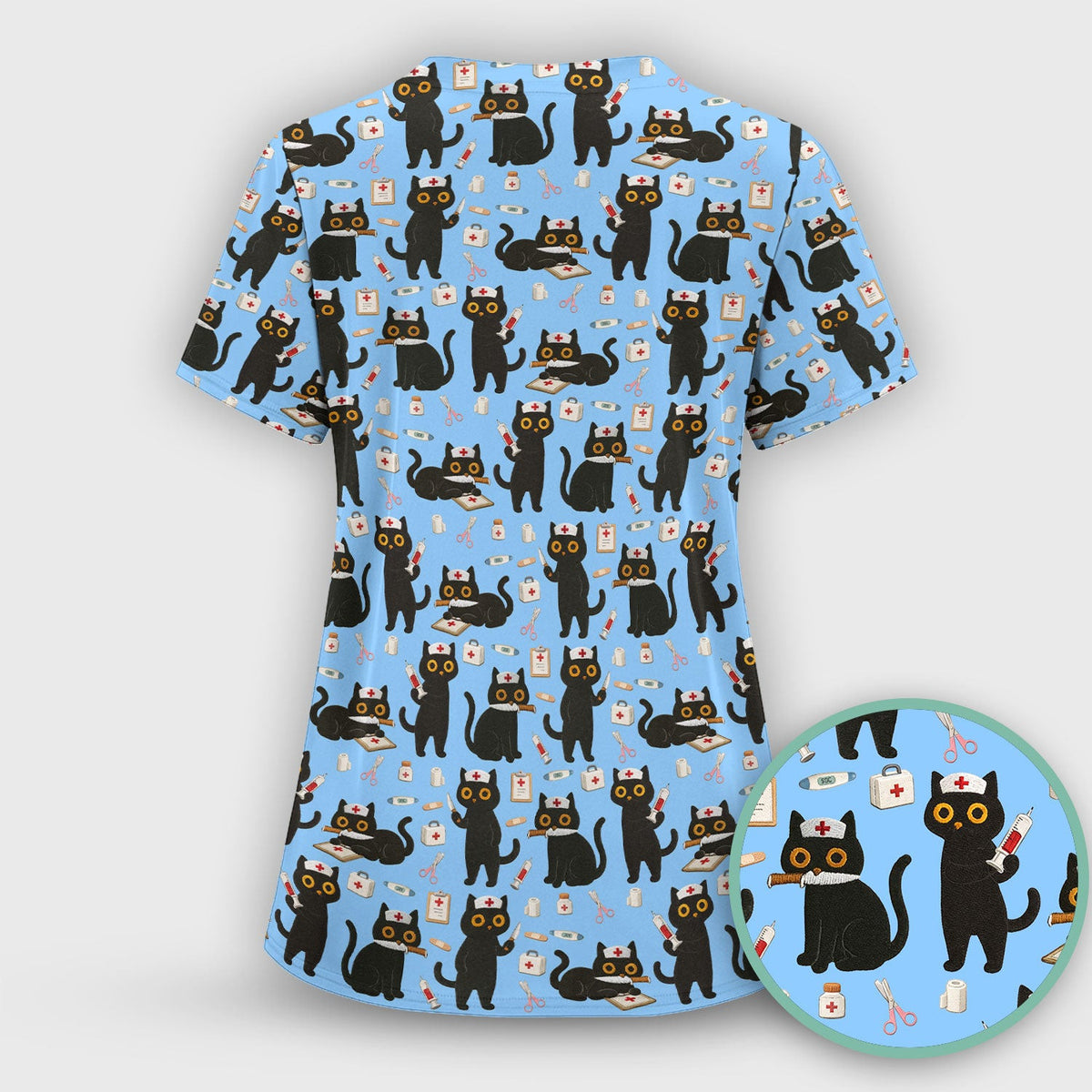 Cute Black Cat Nurse Pattern Scrub Top, Comfortable Scrubs for Nurses