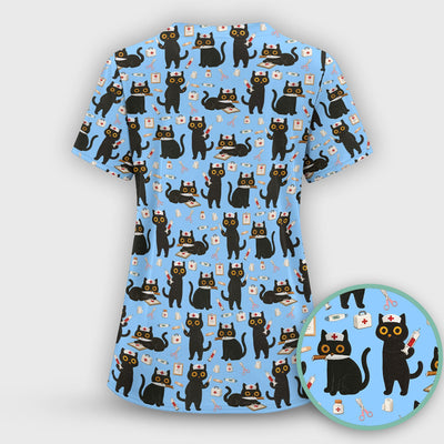 Cute Black Cat Nurse Pattern Scrub Top, Comfortable Scrubs for Nurses
