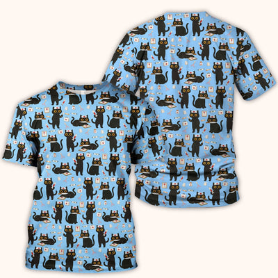 Cute Black Cat Nurse Pattern Scrub Top, Comfortable Scrubs for Nurses