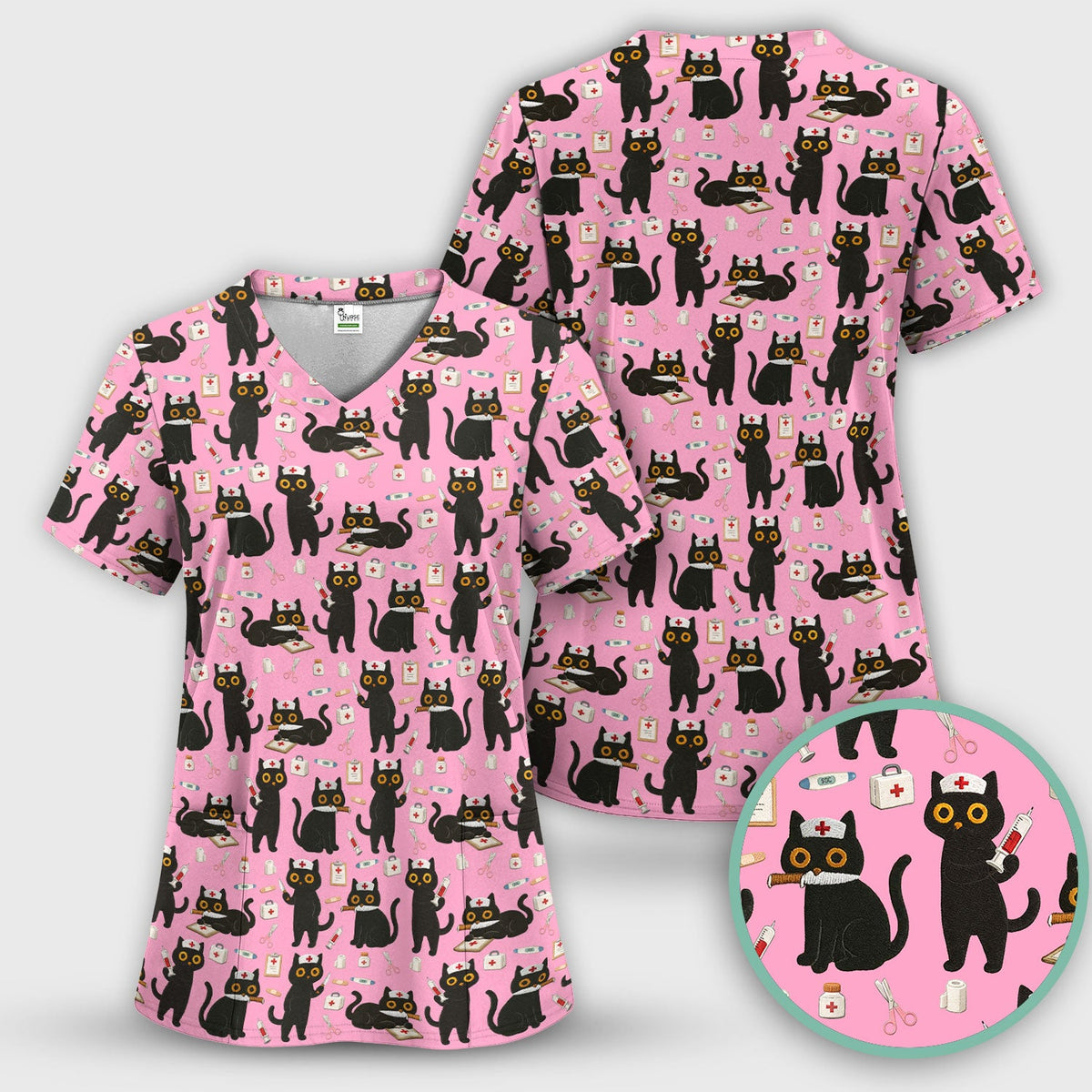 Cute Black Cat Nurse Pattern Scrub Top, Comfortable Scrubs for Nurses