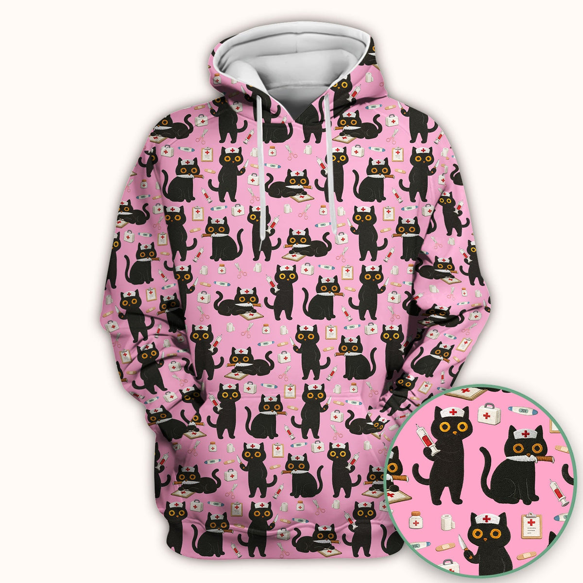 Cute Black Cat Nurse Pattern Scrub Top, Comfortable Scrubs for Nurses