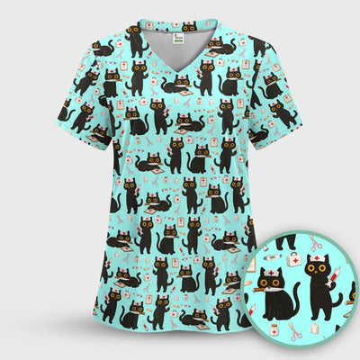 Cute Black Cat Nurse Pattern Scrub Top, Comfortable Scrubs for Nurses