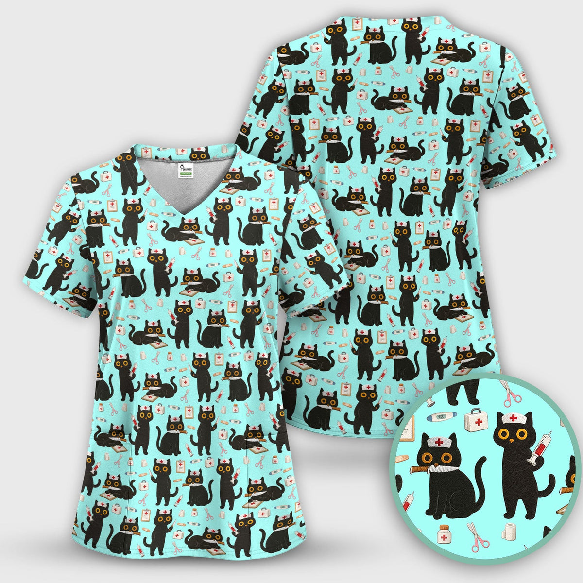 Cute Black Cat Nurse Pattern Scrub Top, Comfortable Scrubs for Nurses