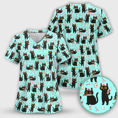 Cute Black Cat Nurse Pattern Scrub Top, Comfortable Scrubs for Nurses