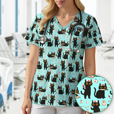 Cute Black Cat Nurse Pattern Scrub Top, Comfortable Scrubs for Nurses