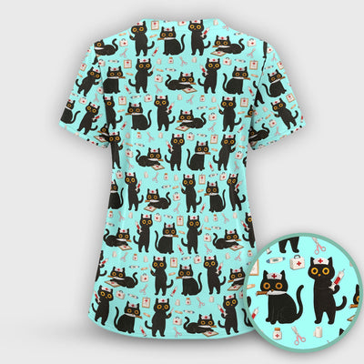 Cute Black Cat Nurse Pattern Scrub Top, Comfortable Scrubs for Nurses