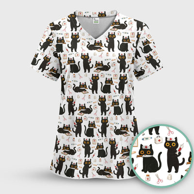 Cute Black Cat Nurse Pattern Scrub Top, Comfortable Scrubs for Nurses