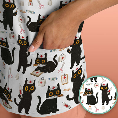 Cute Black Cat Nurse Pattern Scrub Top, Comfortable Scrubs for Nurses