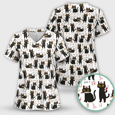 Cute Black Cat Nurse Pattern Scrub Top, Comfortable Scrubs for Nurses