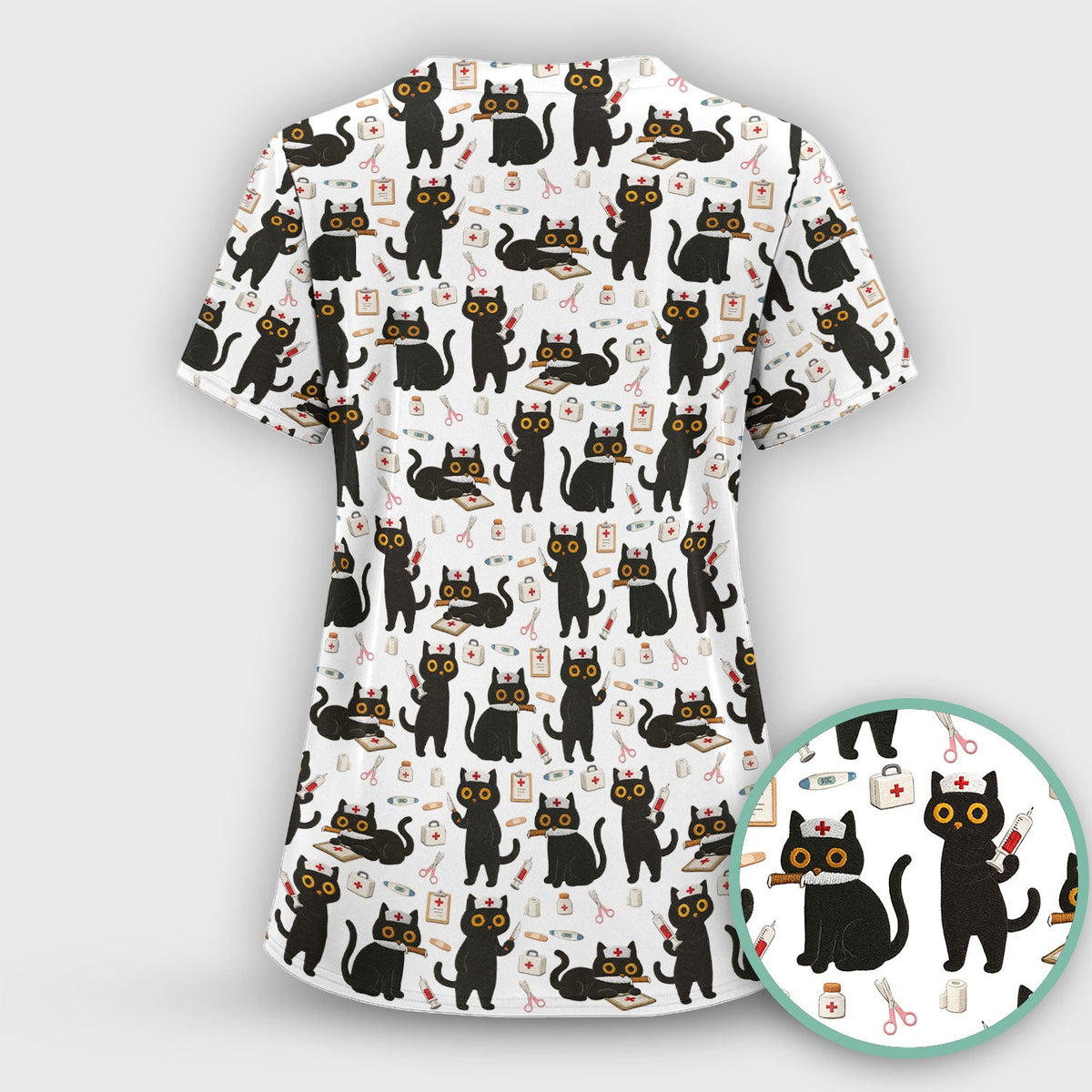 Cute Black Cat Nurse Pattern Scrub Top, Comfortable Scrubs for Nurses