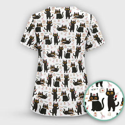 Cute Black Cat Nurse Pattern Scrub Top, Comfortable Scrubs for Nurses