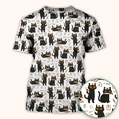 Cute Black Cat Nurse Pattern Scrub Top, Comfortable Scrubs for Nurses