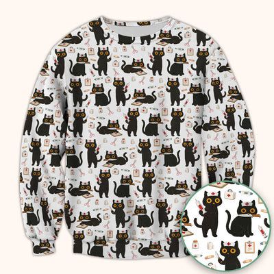 Cute Black Cat Nurse Pattern Scrub Top, Comfortable Scrubs for Nurses