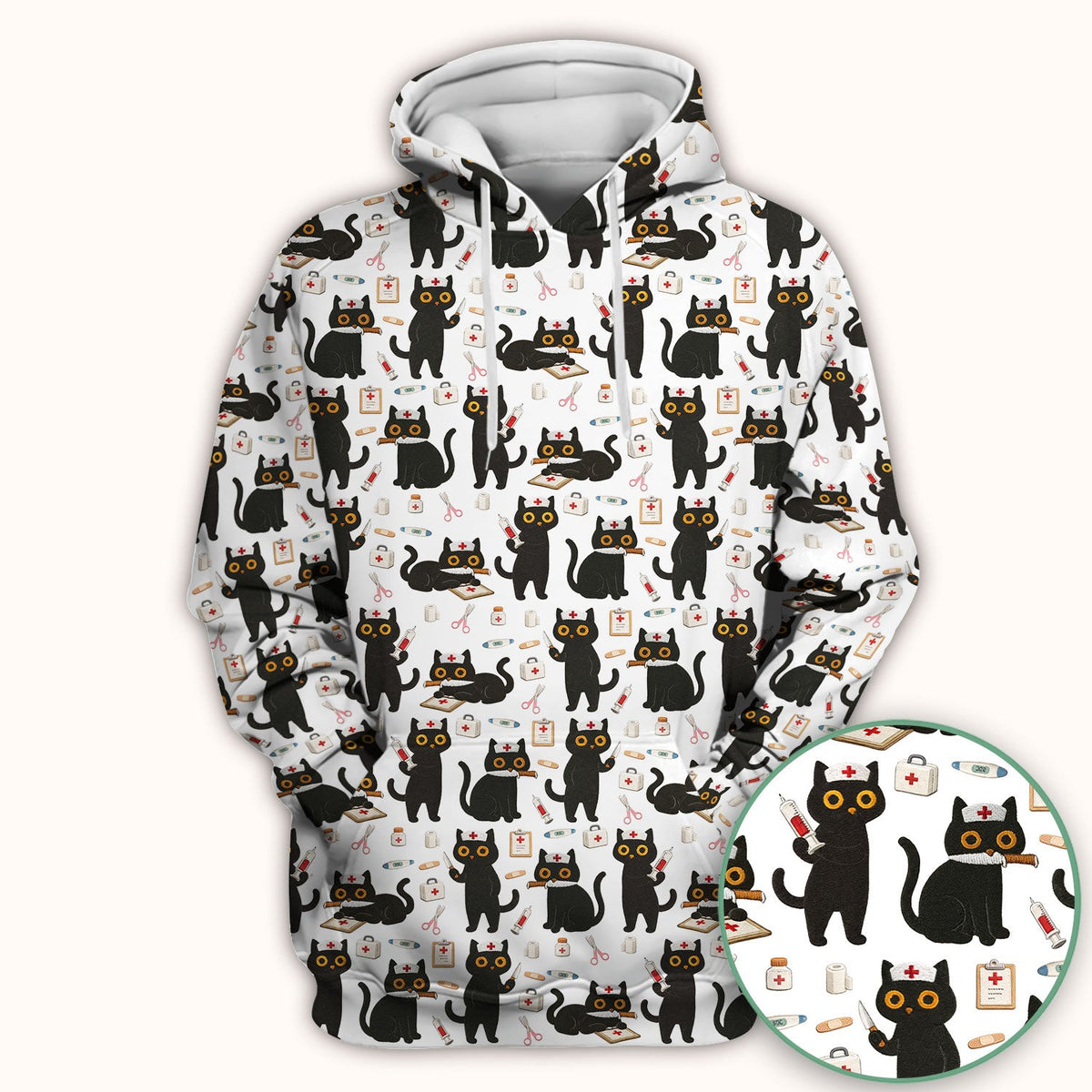 Cute Black Cat Nurse Pattern Scrub Top, Comfortable Scrubs for Nurses