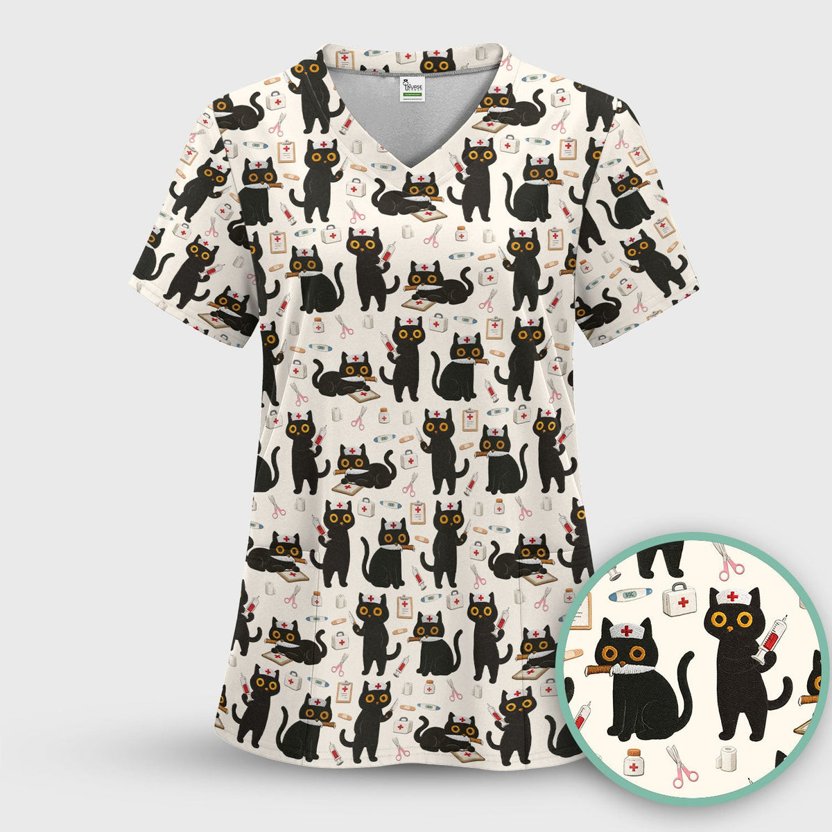 Cute Black Cat Nurse Pattern Scrub Top, Comfortable Scrubs for Nurses