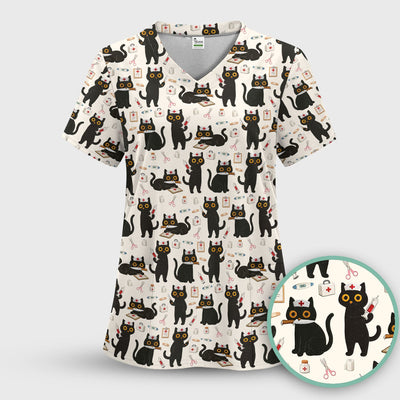 Cute Black Cat Nurse Pattern Scrub Top, Comfortable Scrubs for Nurses