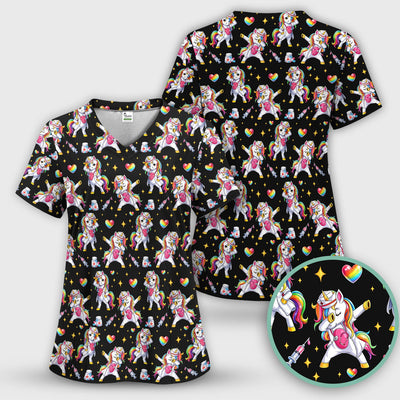Playful Nurse Unicorn Rainbow Pattern Scrub Top, Comfortable Scrubs for Nurses