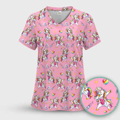 Playful Nurse Unicorn Rainbow Pattern Scrub Top, Comfortable Scrubs for Nurses