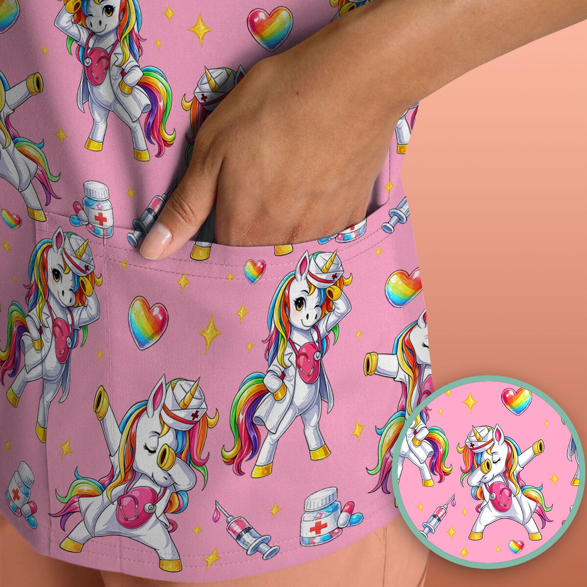 Playful Nurse Unicorn Rainbow Pattern Scrub Top, Comfortable Scrubs for Nurses